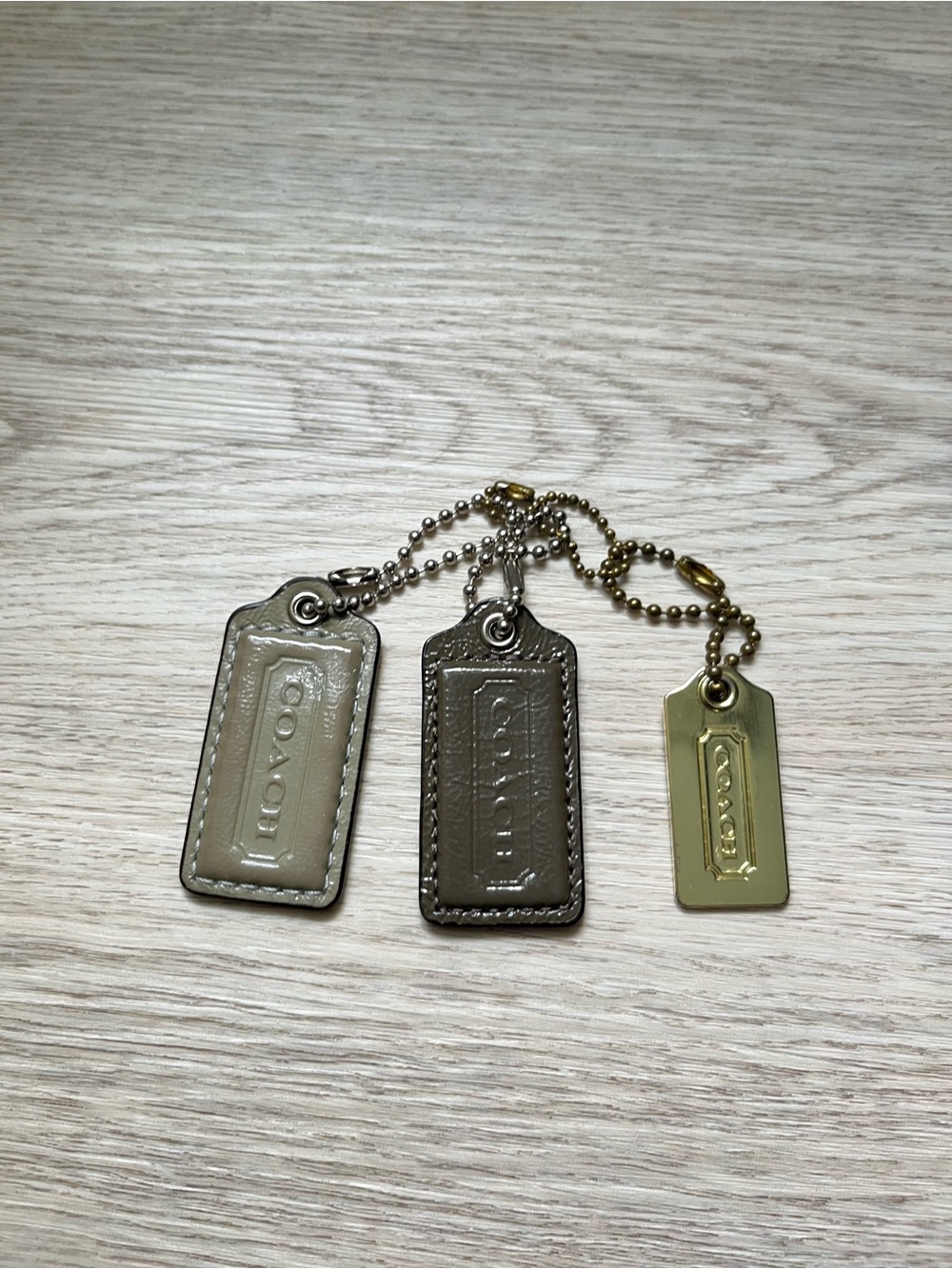 Set of 3 Coach Leather and Metal Key Tag- Taupe, Olive, Gold